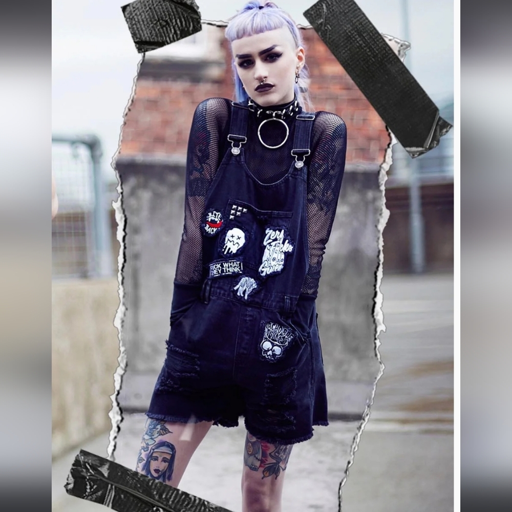KILLSTAR "Jinx" - Cursed Cutie Short Overalls - Embroidered Patches - Deadstock!
